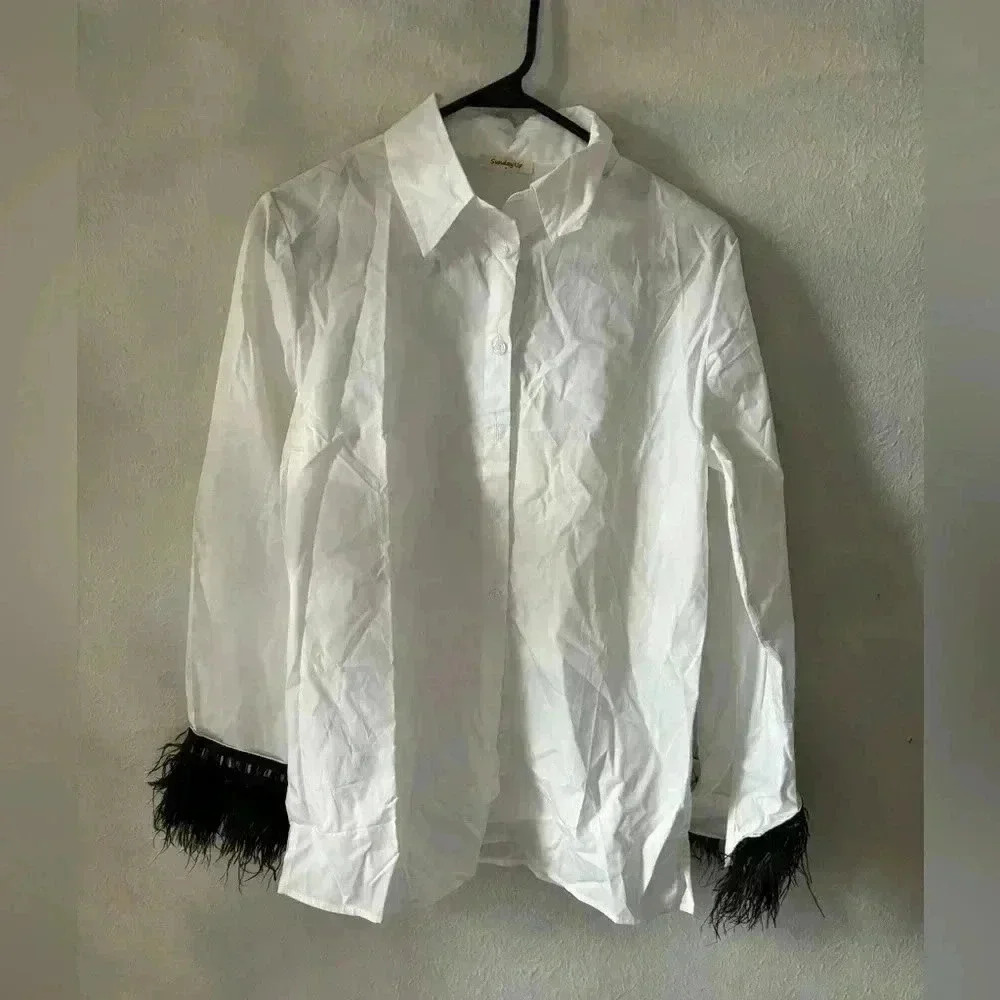 Sunday Up feather trimmed button down